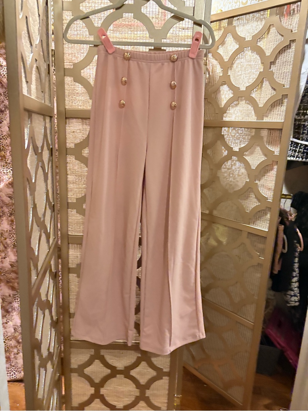 SHEIN Blush Pink Wide-Leg Pants with Gold Buttons